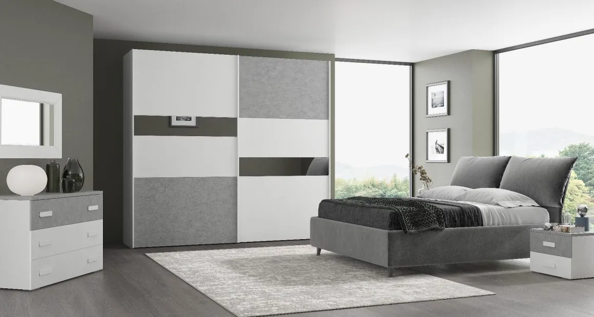 Camera da letto moderna ELLIOTT in bianco frassinato e cemento