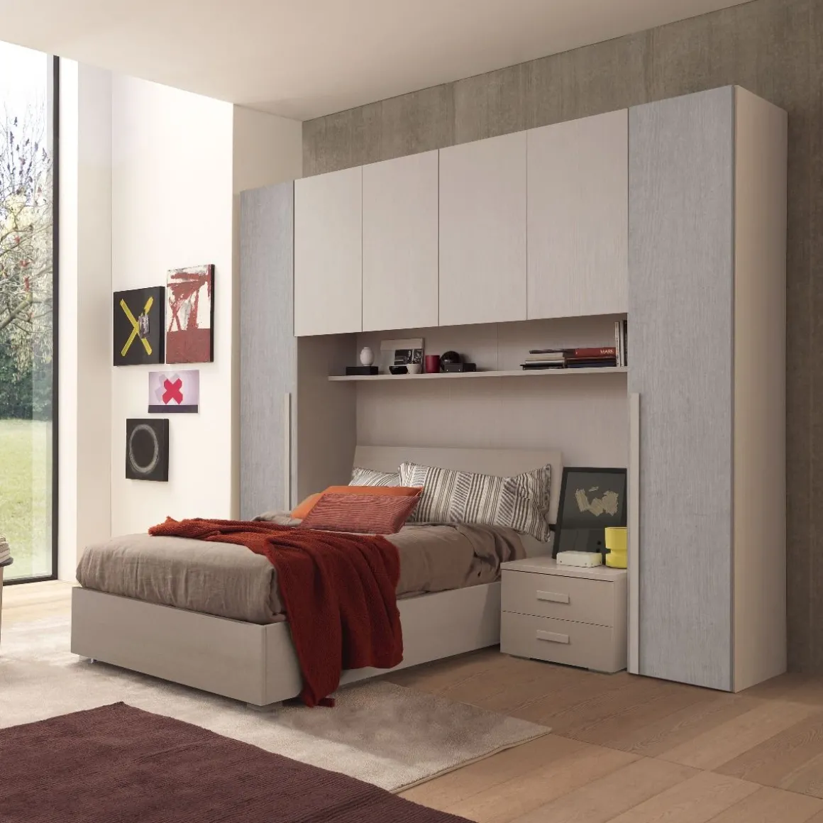Cameretta Completa A Ponte con Letto In Laminato Olmo e Cemento