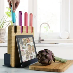 CEPPO 4 COLTELLI BLOCK IN ACCIAIO INOX CON TAGLIERE IN BAMBU' NATURALE