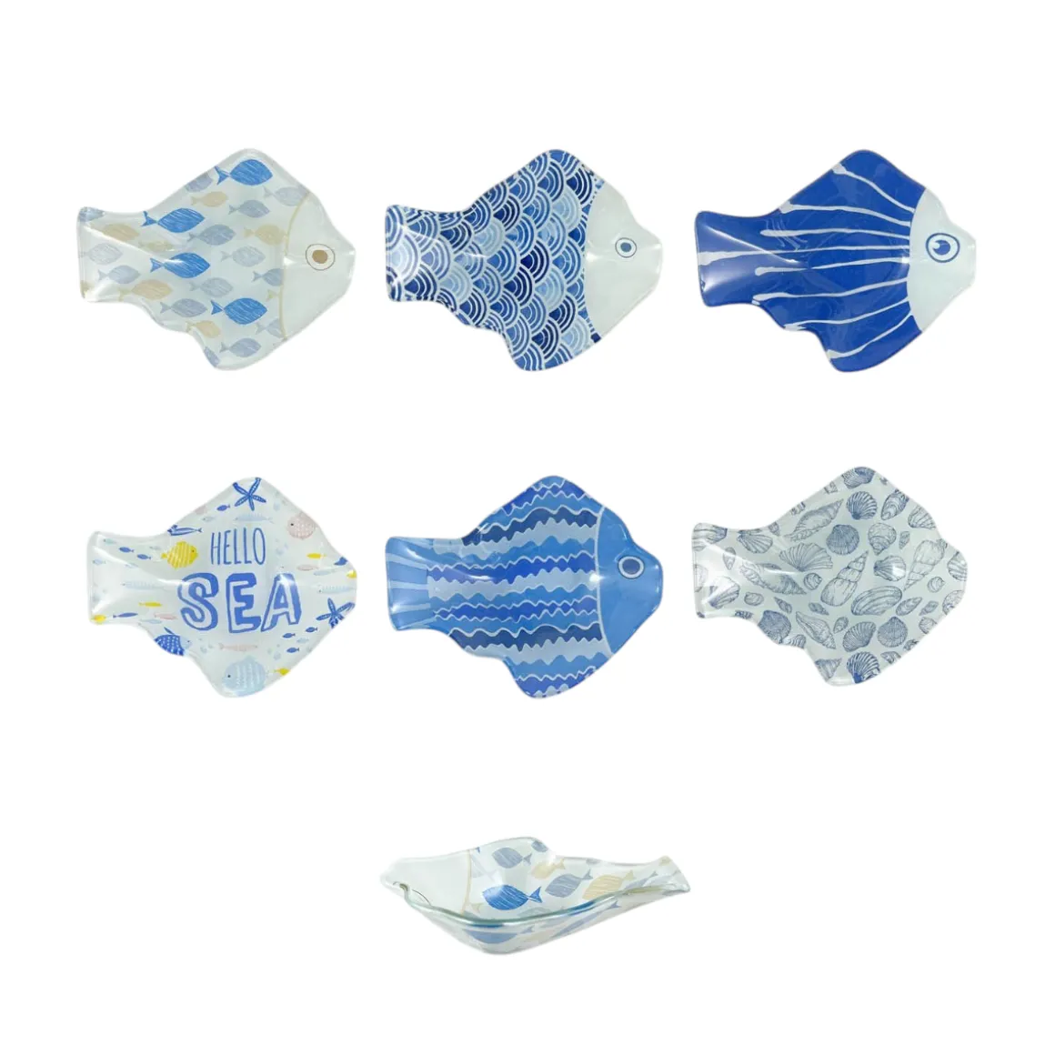 CIOTOLA FORMA PESCE IN VETRO DECORATO 11.5X9 H. 3CM ASSORTITO
