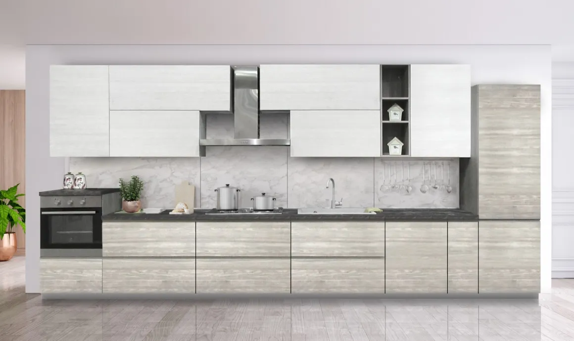 CUCINA COMPONIBILE MOD. FLO EVO NOCE GRIGIO E NOCE BIANCO