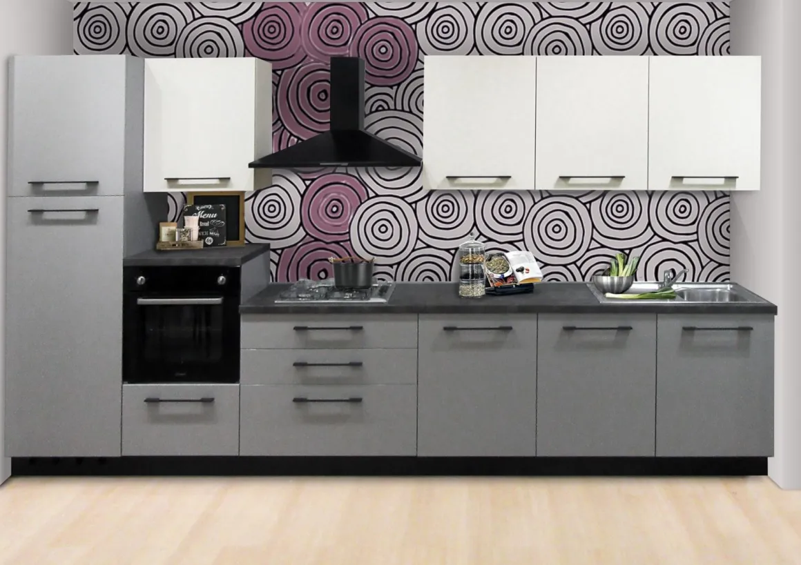 Cucina moderna completa di elettrodomestici 390cm: modello sky grey e ivory