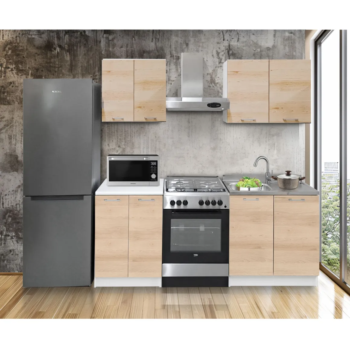 CUCINA COMPONIBILE CM 200 BIANCO E ROVERE ARTISAN