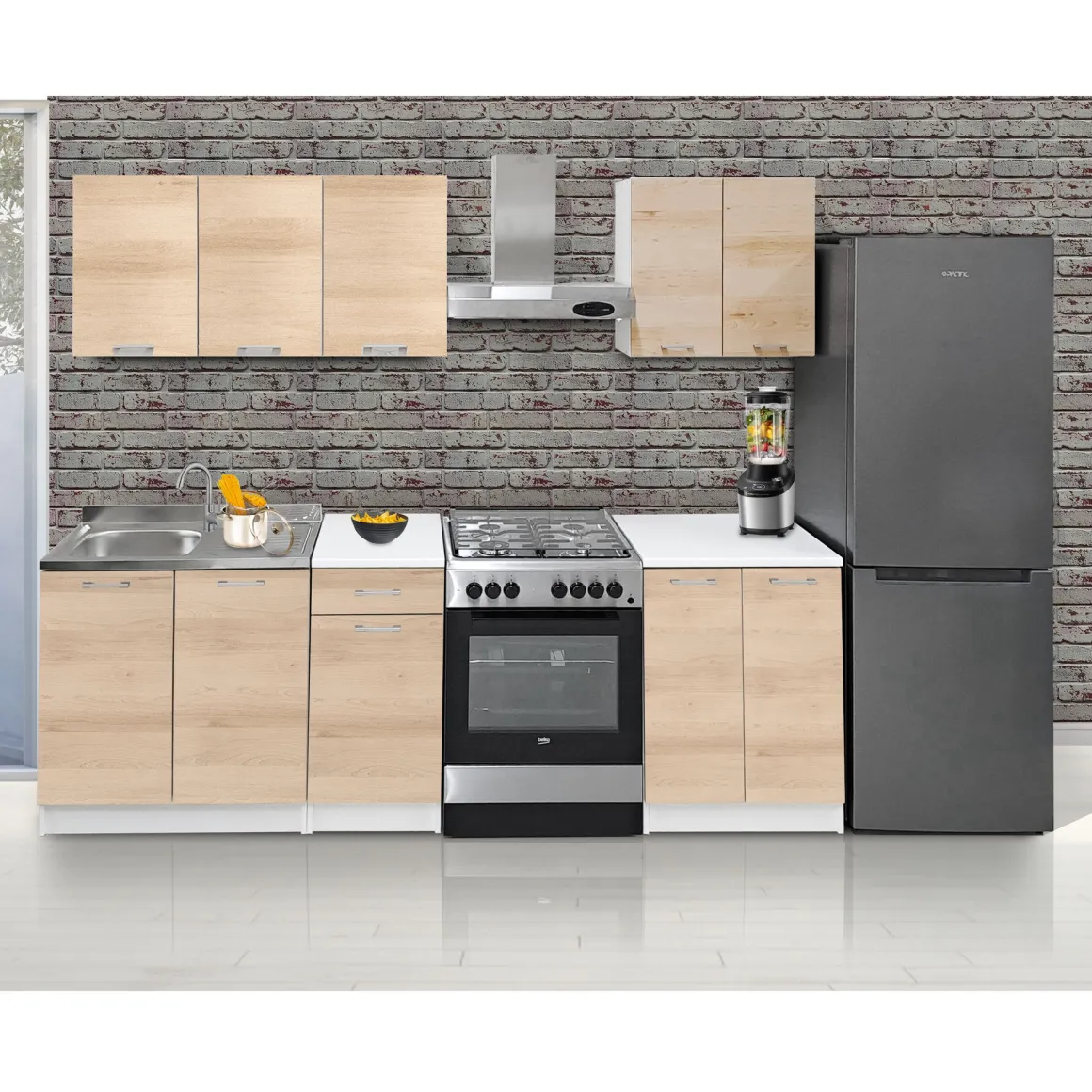 CUCINA COMPONIBILE CM 240 BIANCO E ROVERE ARTISAN