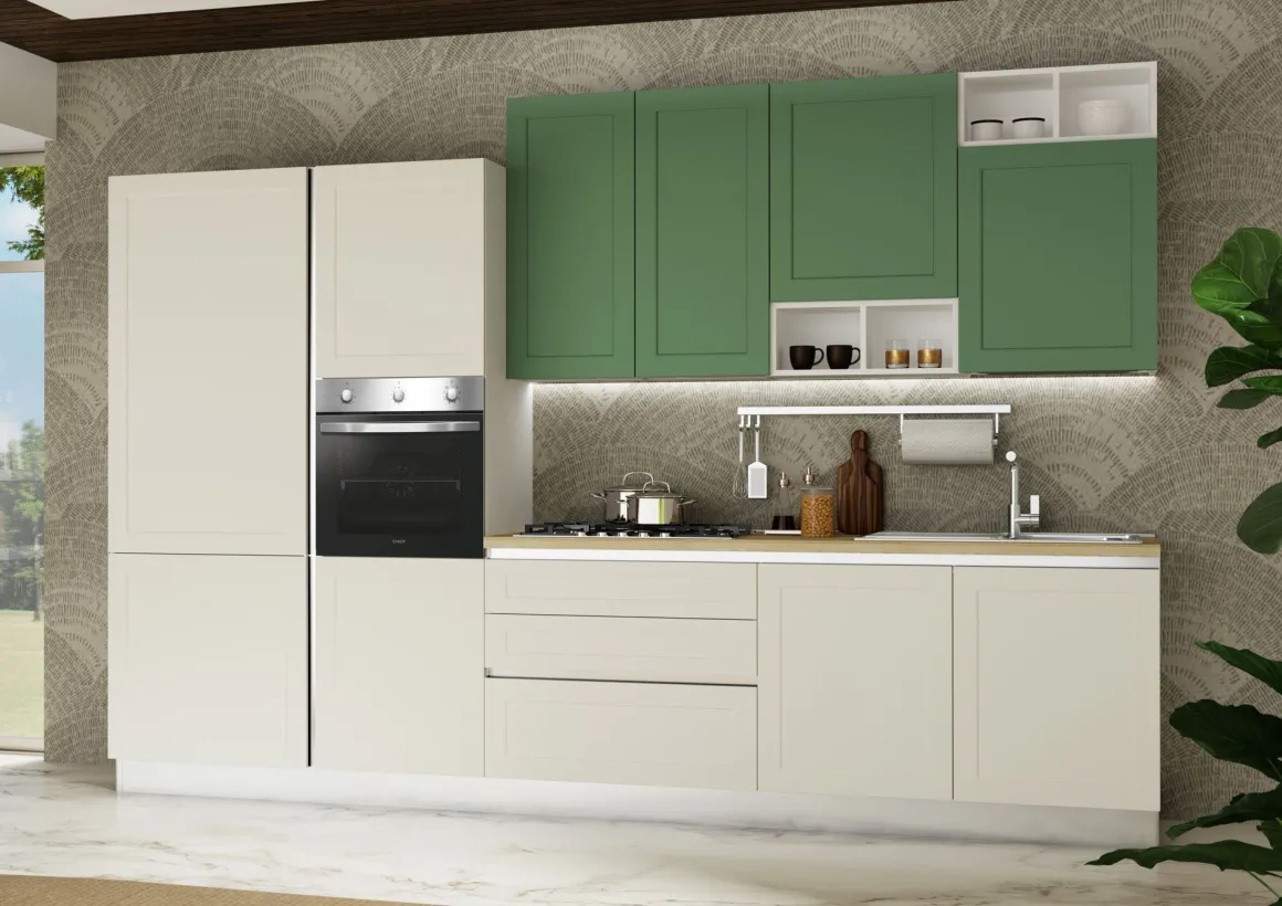 CUCINA MOD. DORA CM 348X60 H.240 BIANCO OPACO E VERDE OPACO PROMO SCORPIONE