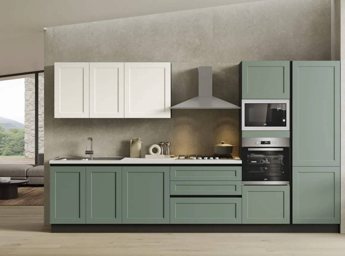 CUCINA MOD. DORA CM 363X60 H.216 VERDE OPACO E BIANCO OPACO PROMO CANCRO