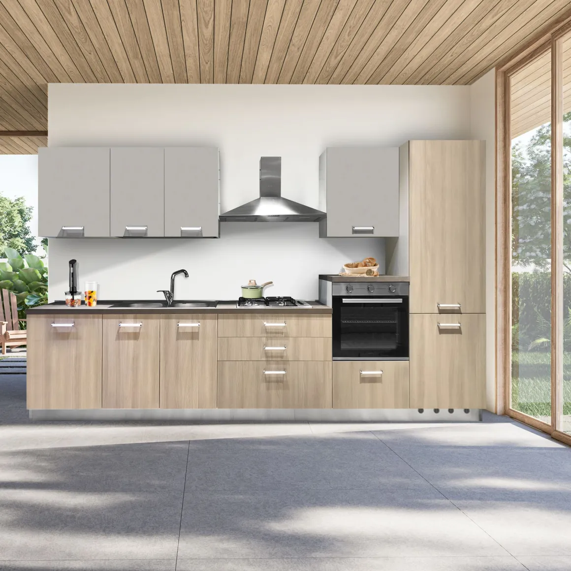 CUCINA MOD. IDEA CM 360X60 H. 216 LEGNO BEIGE E UTOPIA SETA VERSIONE DESTRA