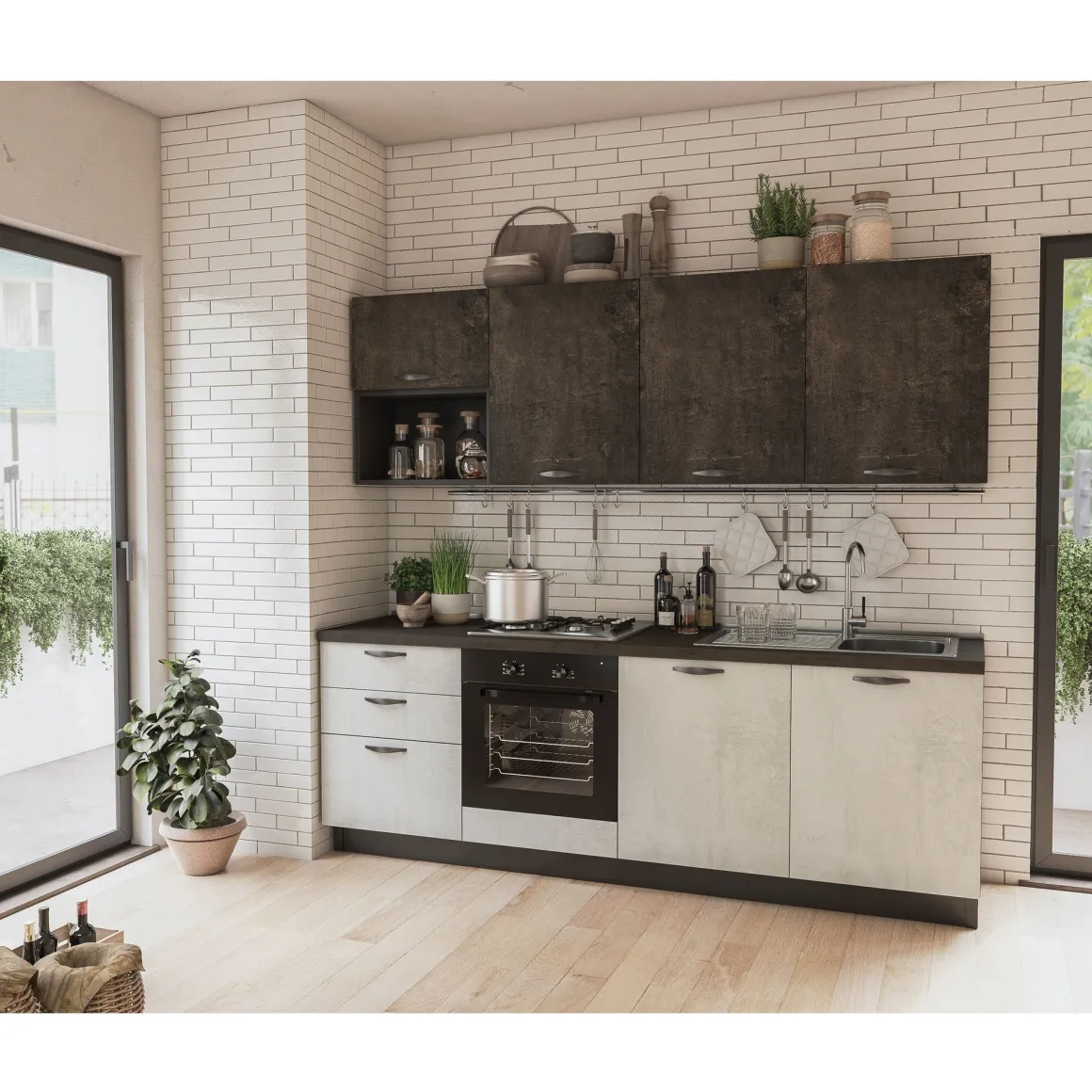 CUCINA MOD.MIRA COMP. ADA CM 240X60 H.216 CEMENTO BIANCO E CEMENTO ARDESIA