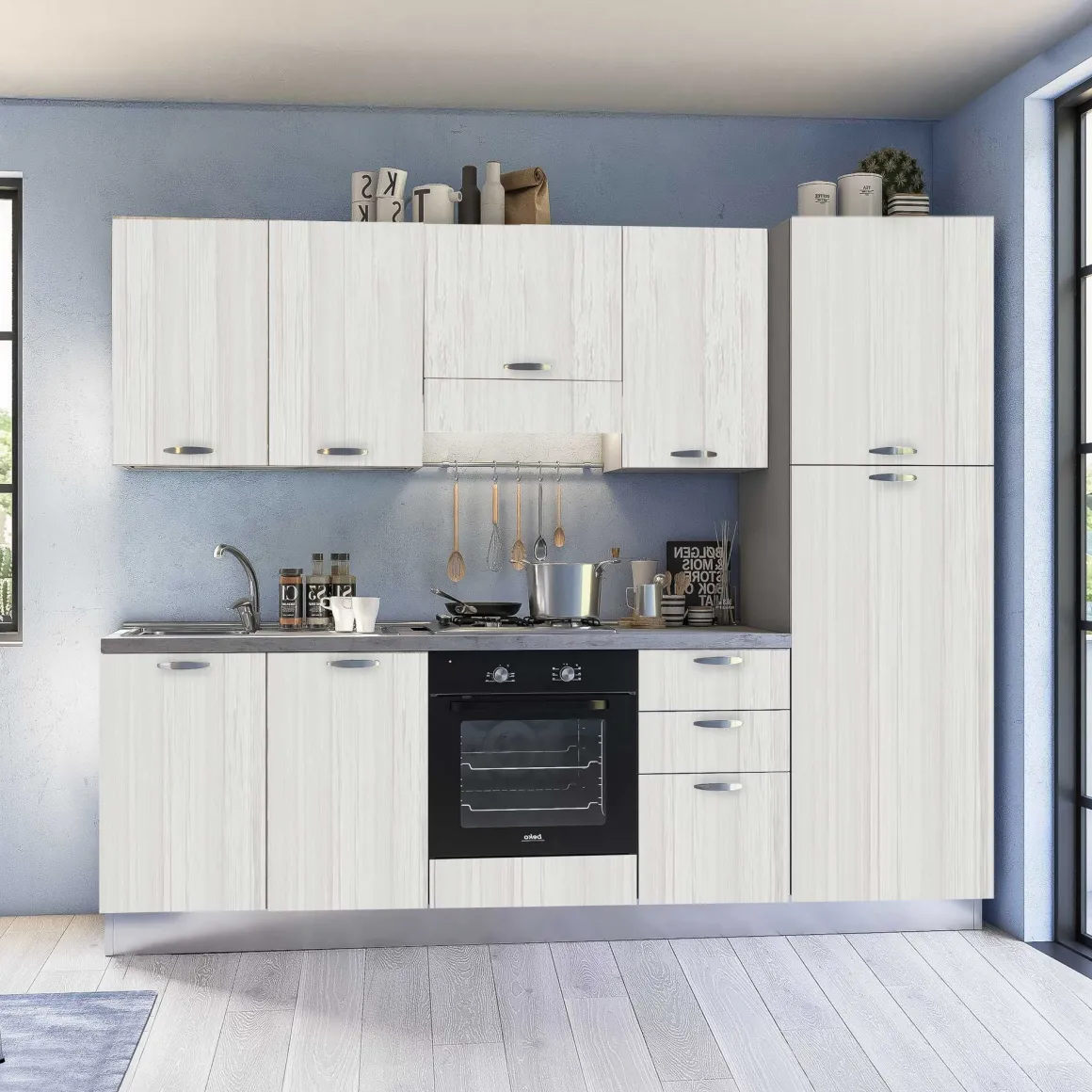 CUCINA MOD. MIRA COMP. TEA CM 255X60 H. 216 ROVERE BIANCO VERSIONE DESTRA