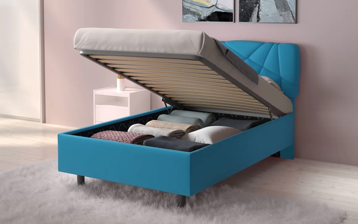LETTO CONTENITORE POP 1 PIAZZA E 1/2 TESSUTO LYCRA AZZURRO