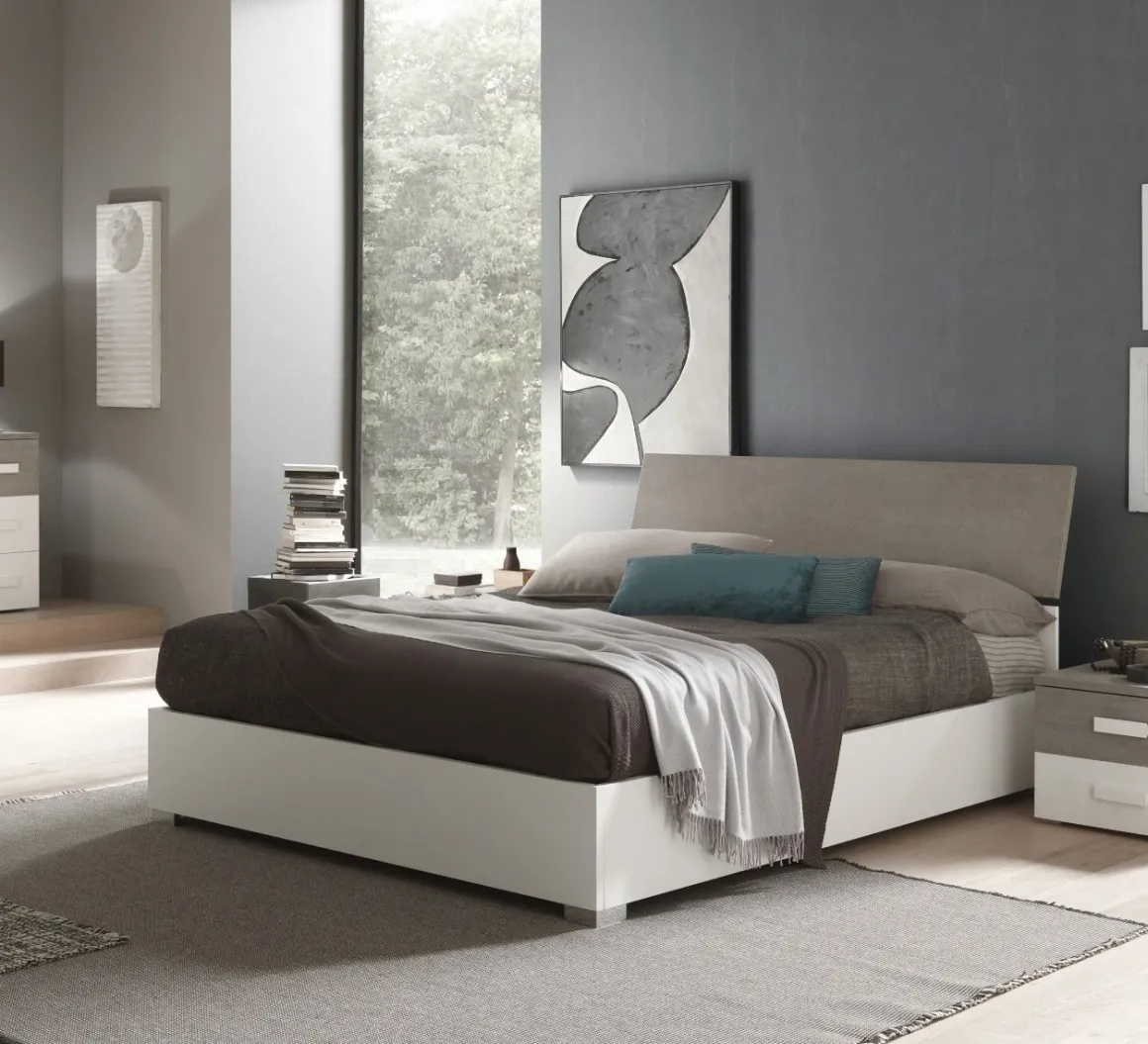 LETTO MATRIMONIALE CON CONTENITORE BIANCO FRASSINATO E CEMENTO