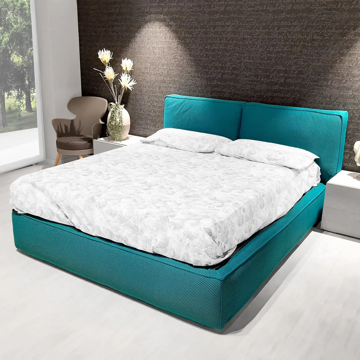 LETTO MATRIMONIALE CON CONTENITORE MOD. ADELE IN TESSUTO TURCHESE