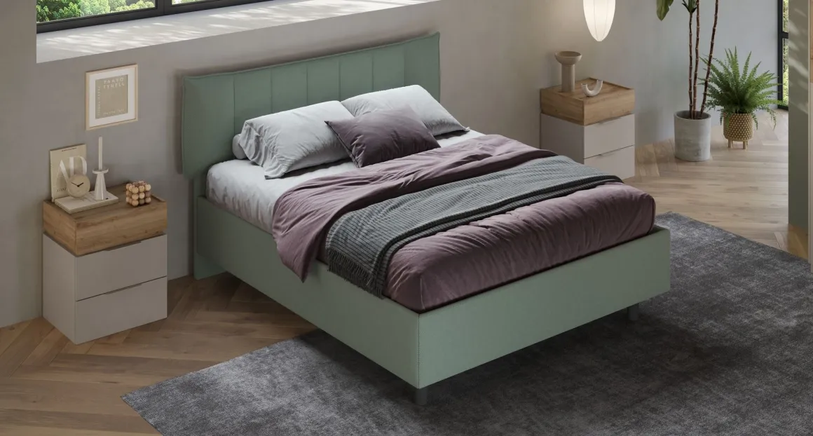 LETTO MATRIMONIALE CONTENITORE MOD. HUG TESSUTO VERDE SALVIA
