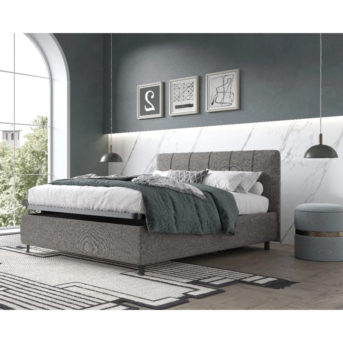 LETTO MATRIMONIALE CONTENITORE IN TESSUTO GRIGIO
