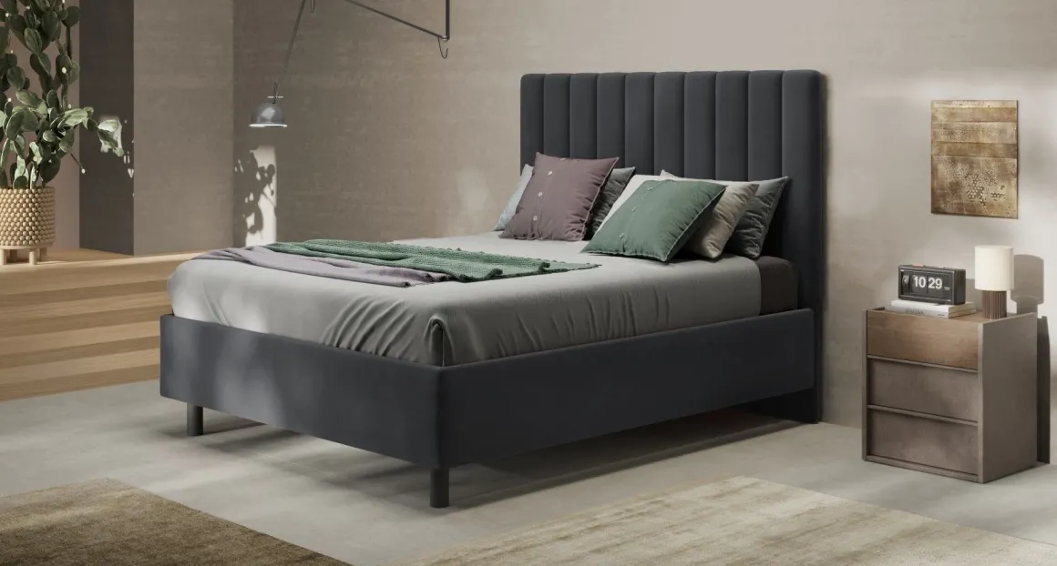 LETTO MATRIMONIALE CONTENITORE MOD. TEDDY VELLUTO GRAFITE