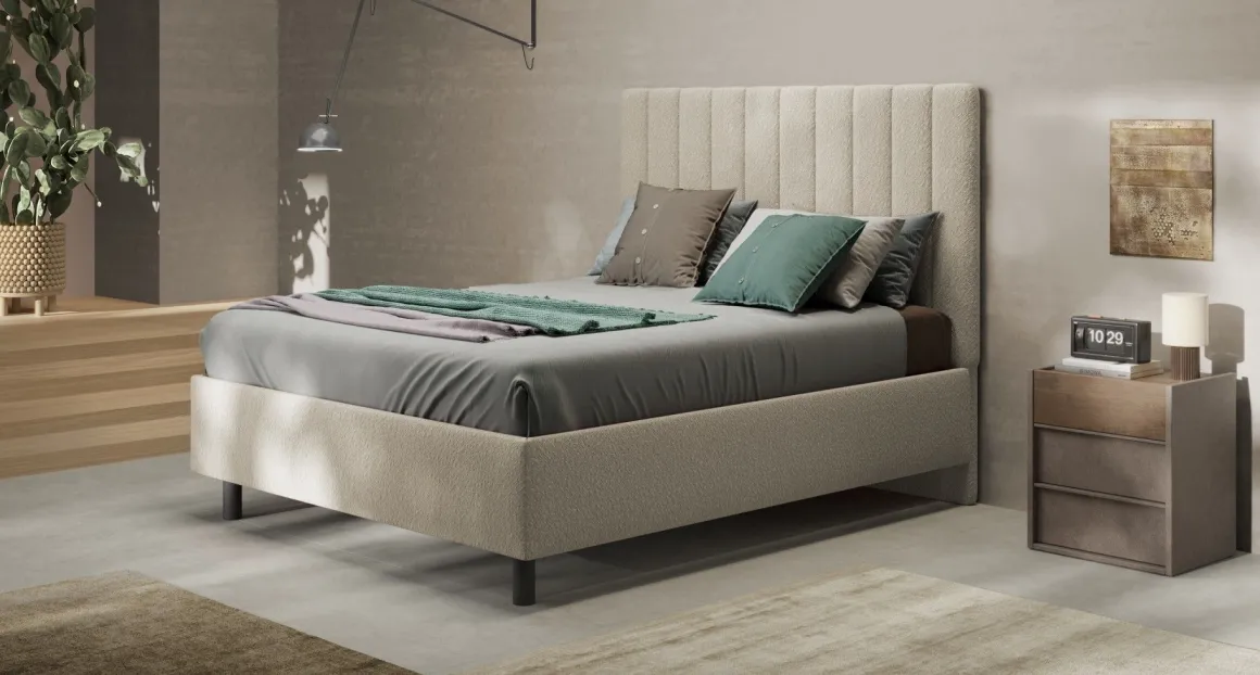 LETTO MATRIMONIALE CONTENITORE MOD. TEDDY TESSUTO BOUCLE' BEIGE