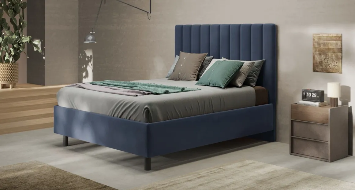 LETTO MATRIMONIALE CONTENITORE MOD. TEDDY VELLUTO BLU MARE