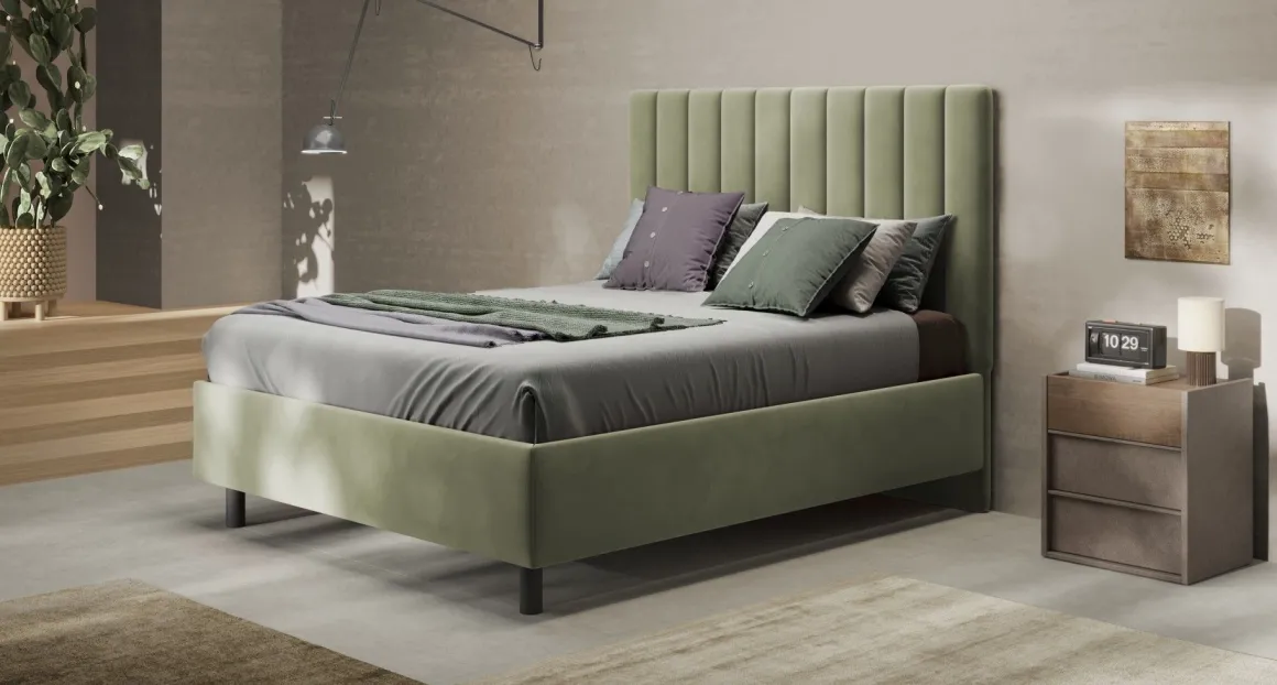 LETTO MATRIMONIALE CONTENITORE MOD. TEDDY VELLUTO PISTACCHIO
