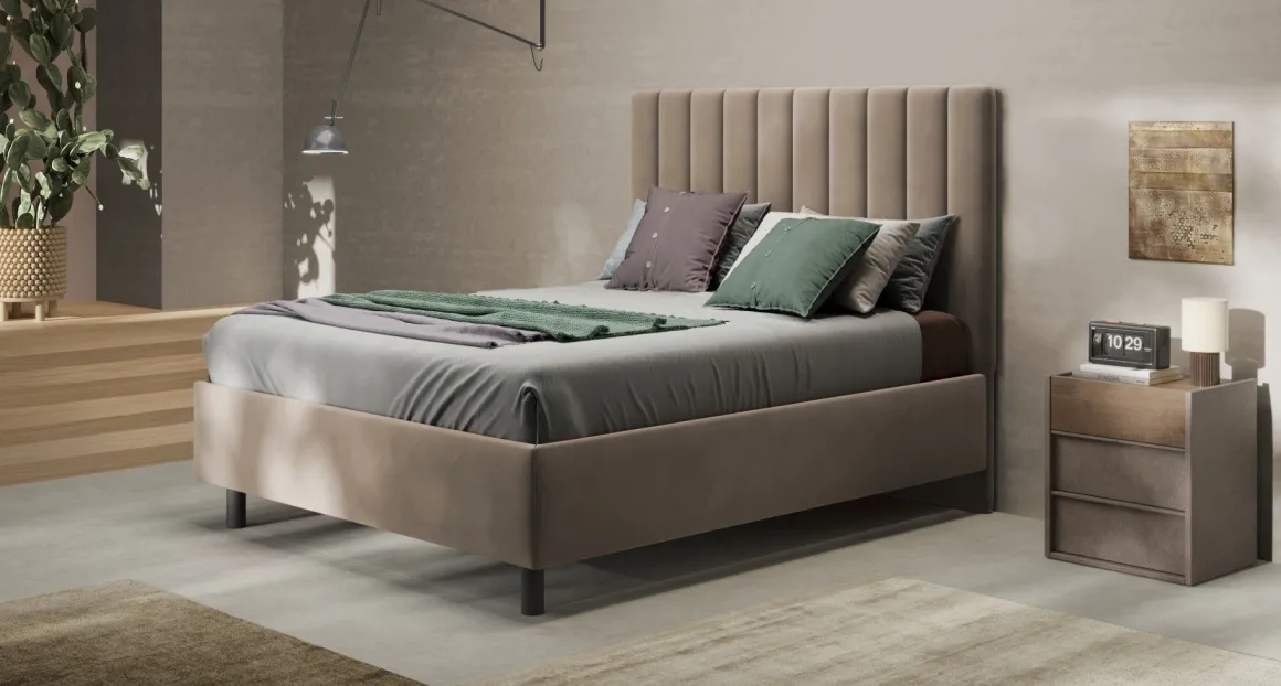 LETTO MATRIMONIALE CONTENITORE MOD. TEDDY IN VELLUTO SABBIA