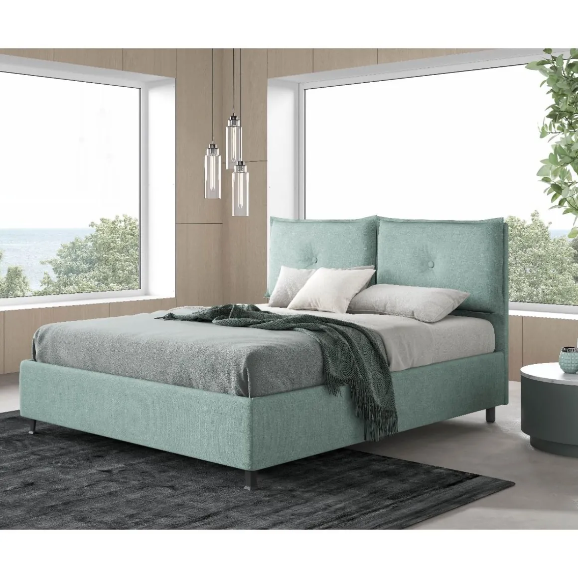 LETTO MATRIMONIALE IN TESSUTO VERDE ACQUA