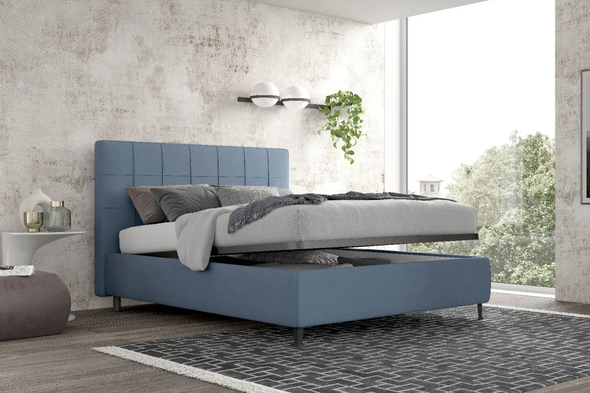 Letto matrimoniale Mykonos con contenitore in tessuto nubuk