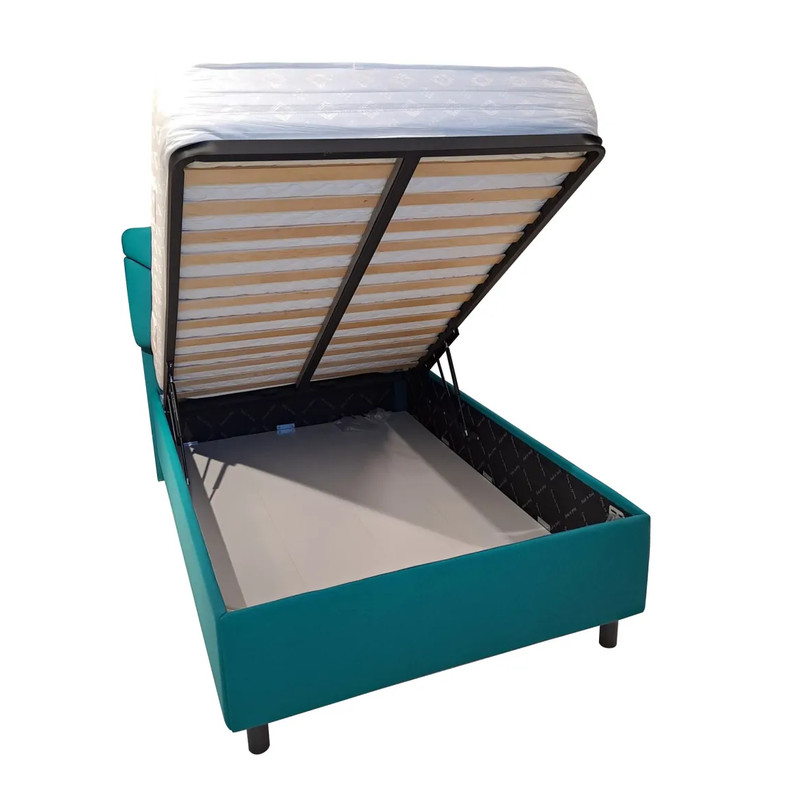 LETTO 1 PIAZZA E MEZZA CONTENITORE MOD. POP IN TESSUTO LYCRA VERDE PETROLIO