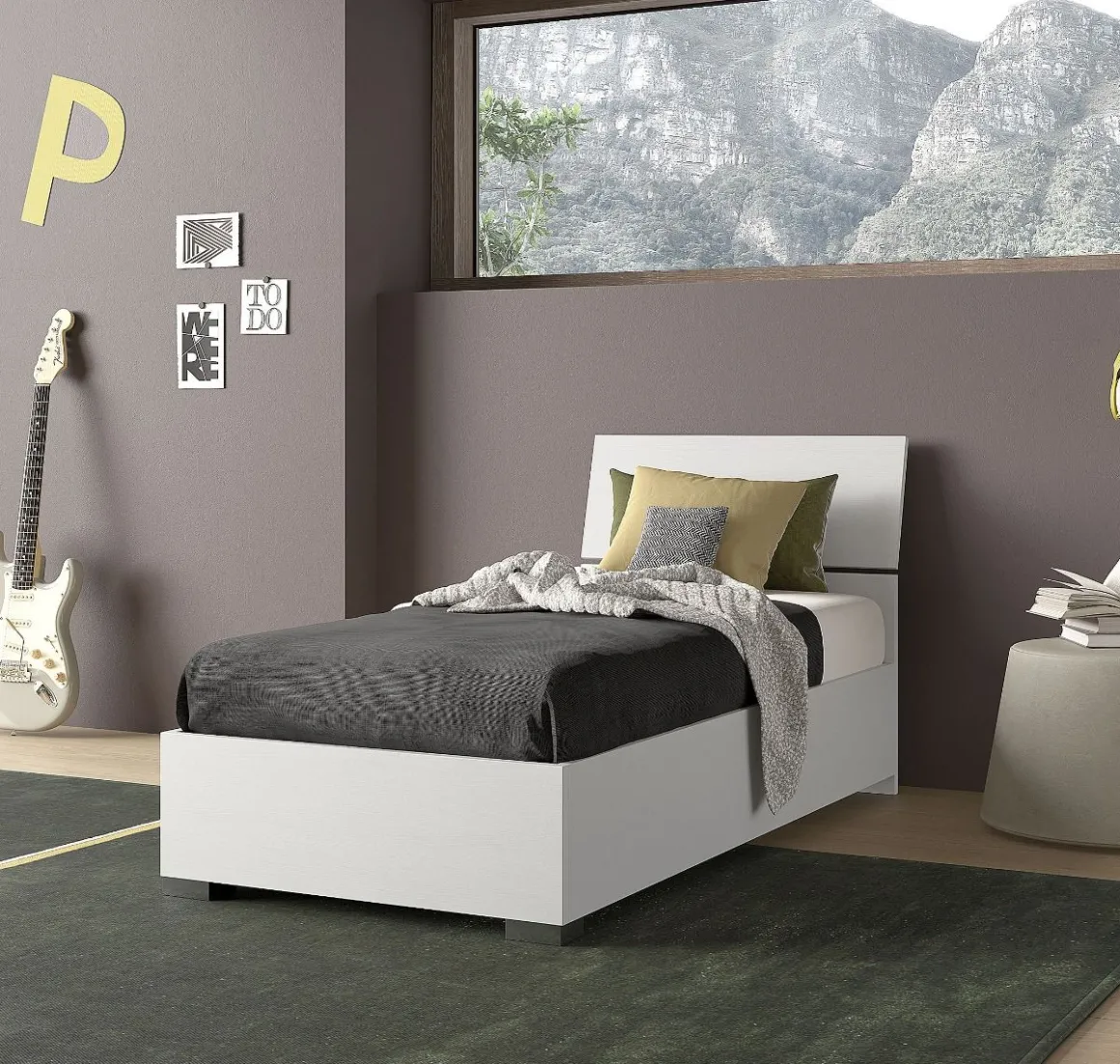 LETTO SINGOLO CON CONTENITORE BIANCO FRASSINATO