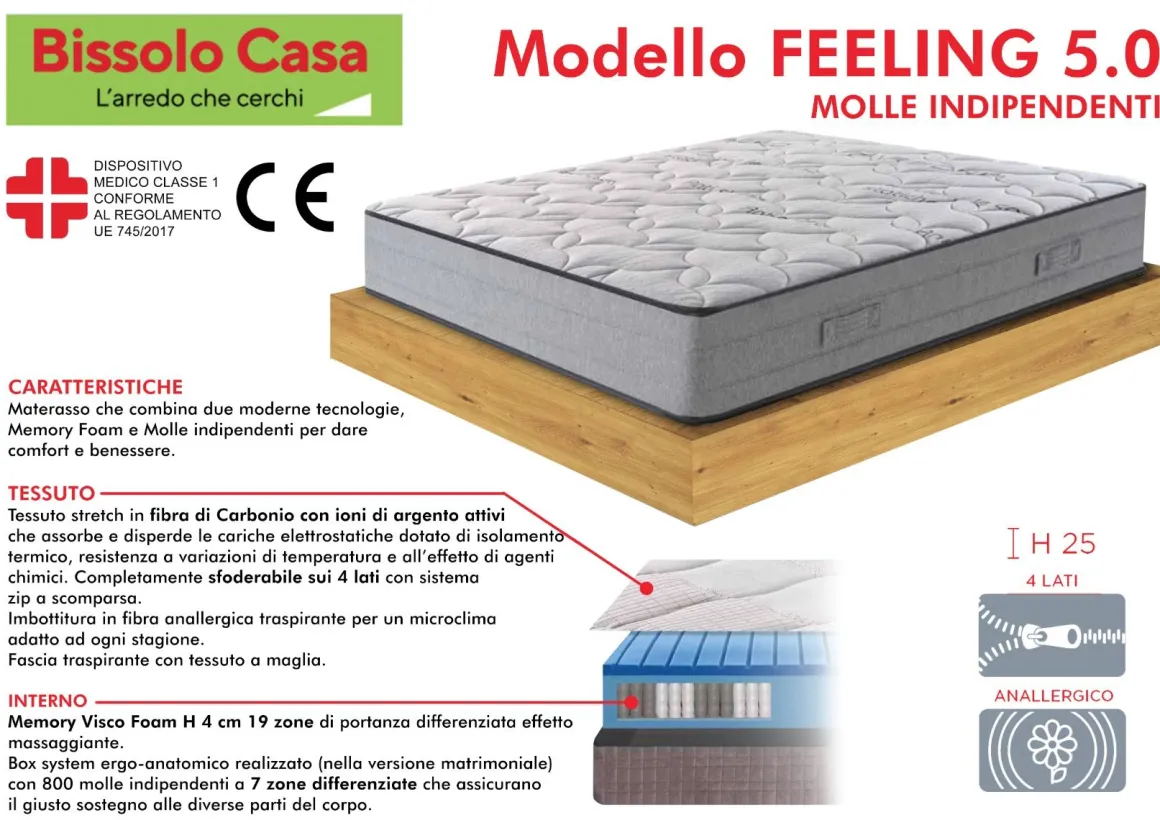 MATERASSO FEELING 5.0 MATRIMONIALE 160X190CM CON MOLLE INSACCHETTATE E MEMORY