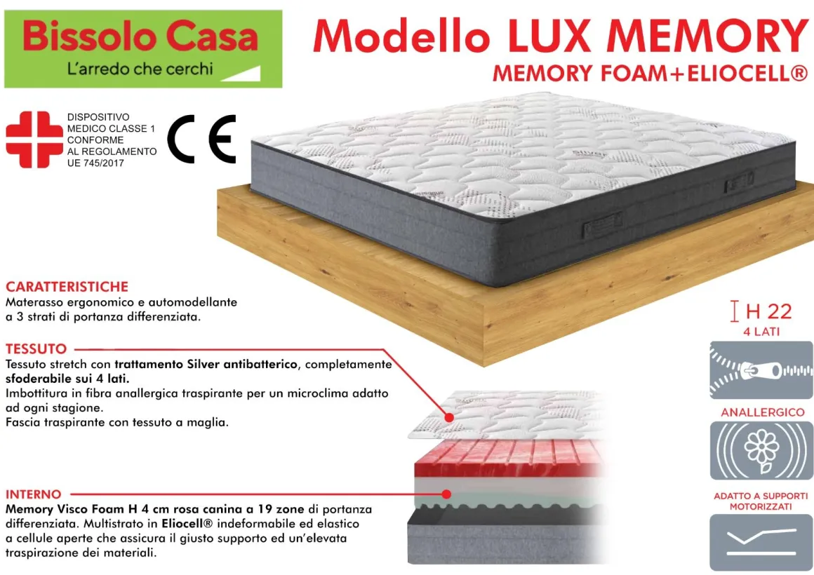 MATERASSO LUX MEMORY SINGOLO 90X190CM IN MEMORY FOAM ED ELIOCELL
