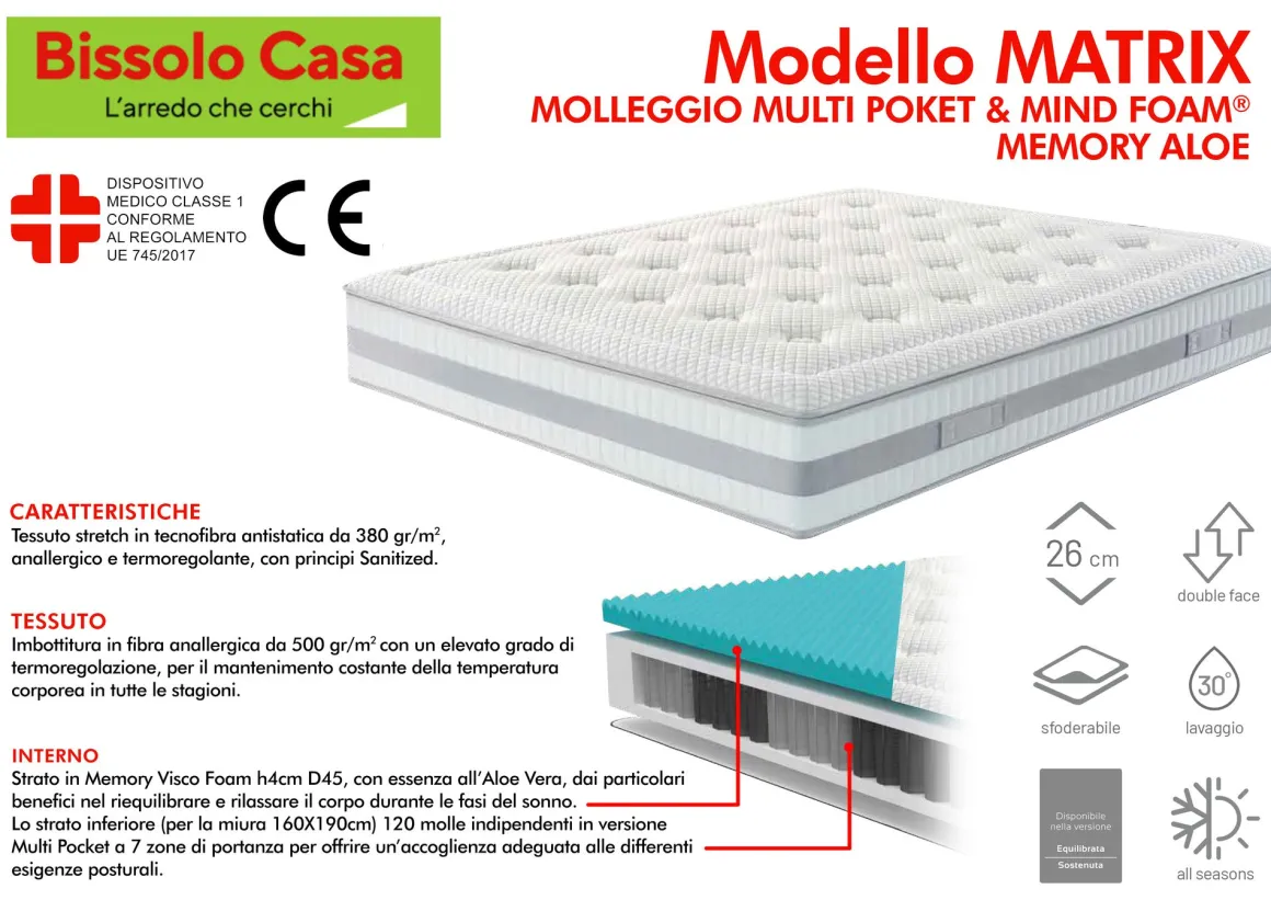 MATERASSO SINGOLO MOD. MATRIX 80X190CM A MOLLE INDIPENDENTI