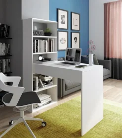 Scrivania reversibile con libreria a cinque ripiani in laminato bianco