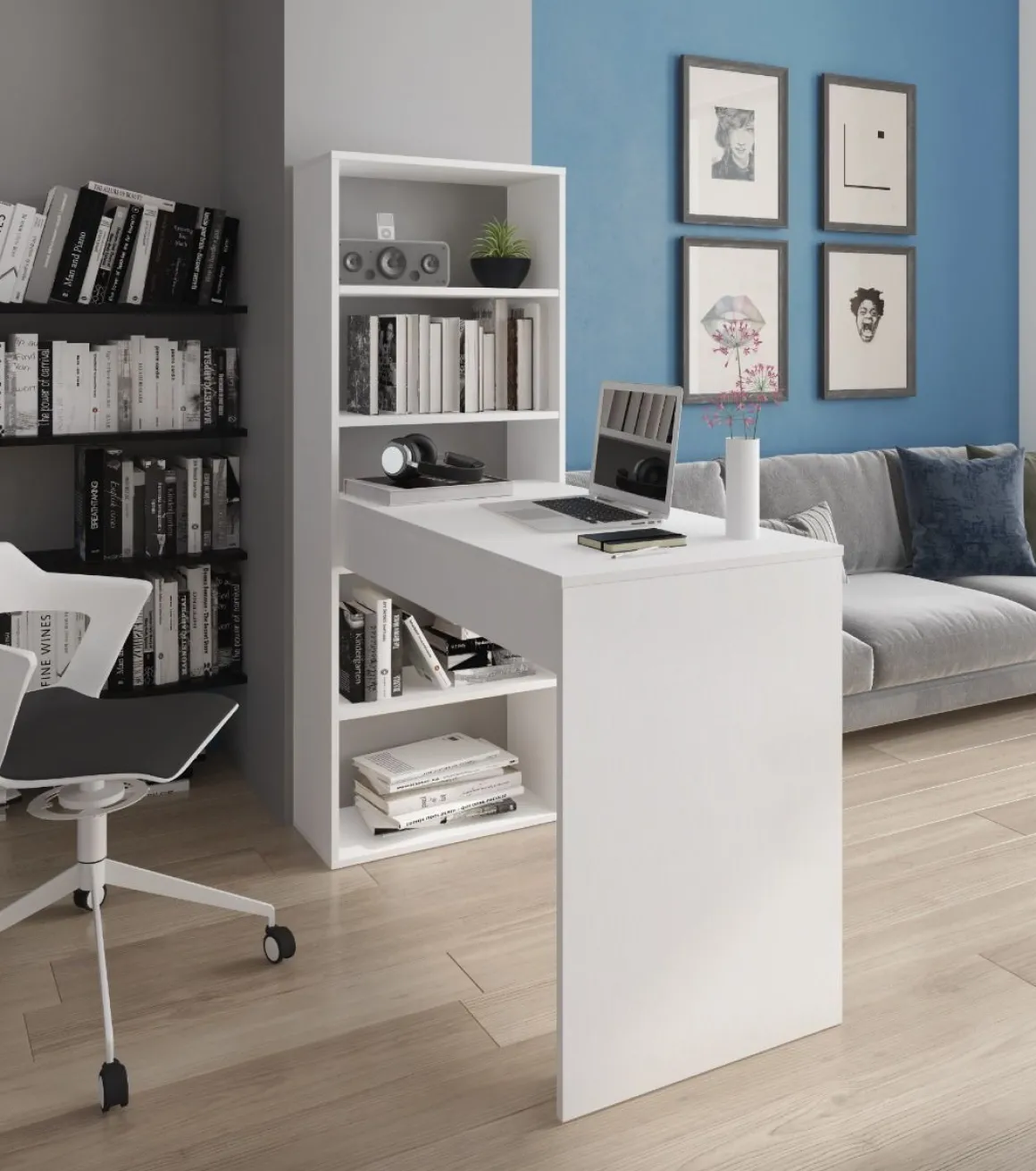 Scrivania reversibile con libreria a cinque ripiani in laminato bianco