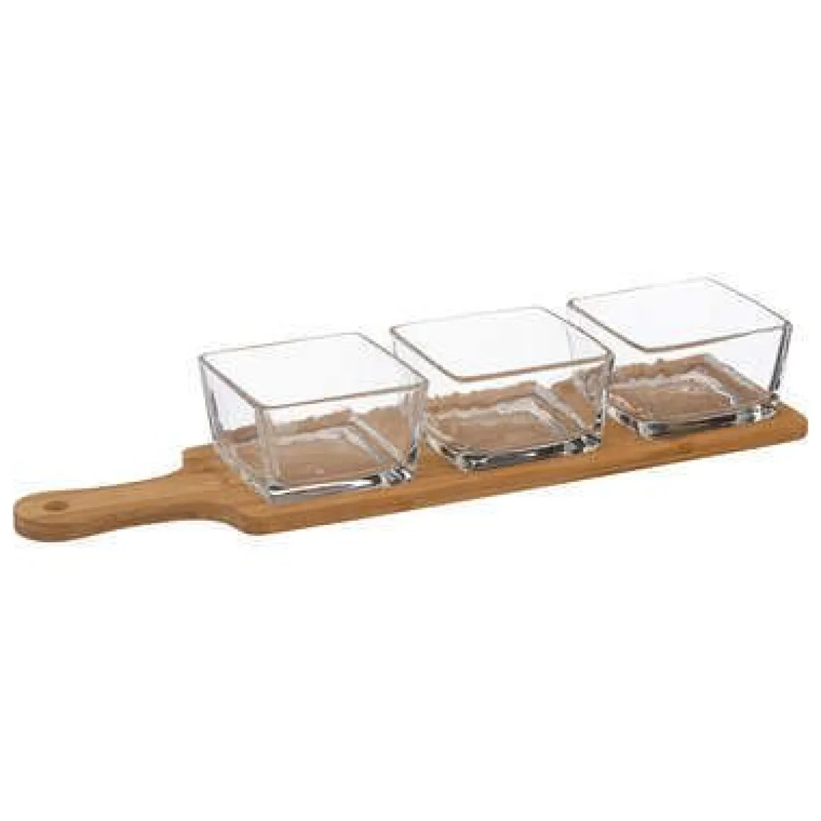 SET APERITIVO CON TAGLIERE IN BAMBU' E 3 CIOTOLINE IN VETRO