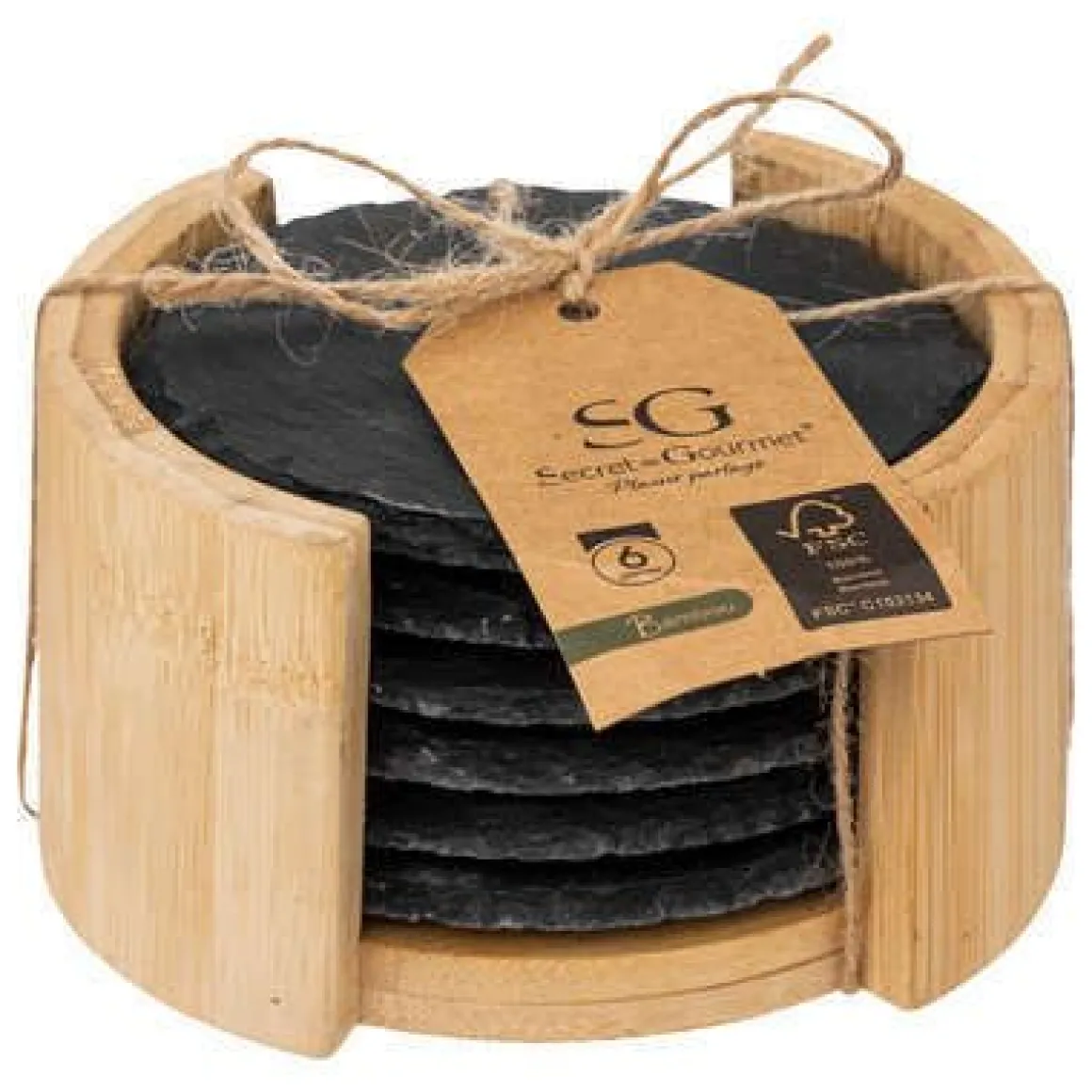 SET 6 PIATTI IN ARDESIA CON SUPPORTO IN BAMBU' NATURALE