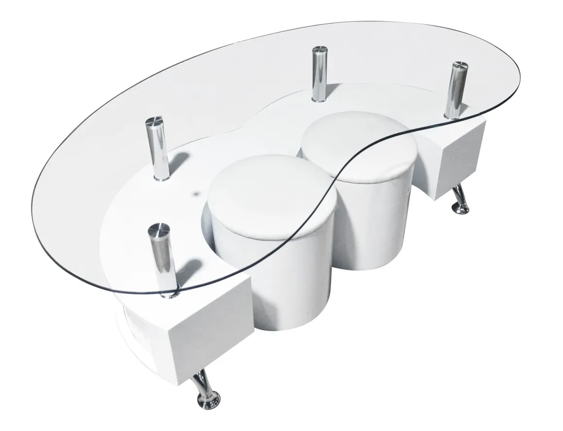 TAVOLINO CM 130X70 H. 45 CON 2 POUF BIANCO E VETRO: vendita online TAVOLINO CM 130X70 H. 45 CON 2 POUF BIANCO E VETRO in offerta