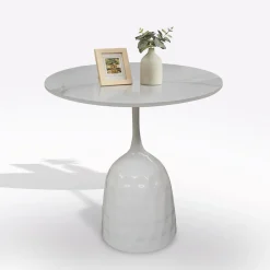 TAVOLINO DIAM. CM 50 H.53 IN METALLO E PIANO CERAMICA EFFETTO MARMO BIANCO in vendita online